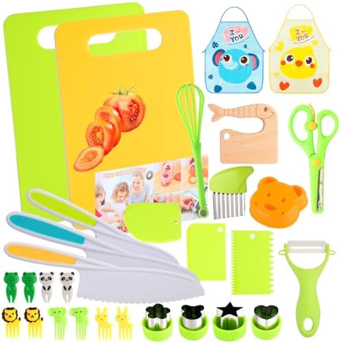 Kids Montessori Cooking Kitchen Toys and Toddler Knife Set - 30 Pcs Knifes for Real Cooking and Baking Accessories ,Toddlers Kitchen Tools Ages 3-10 Kids Birthday (30 PCS) by ASSBABY