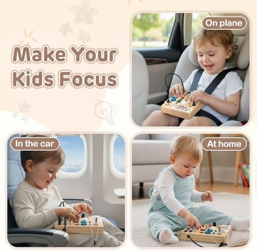 LED Busy Board for Toddlers 1-3,Montessori Toy with Key Switch, Light Up Wood Activity Sensory Board for Fine Motor Skills, Educational Travel Toy Gift for 1 2 3 Year Old Boys Girl - Image 7