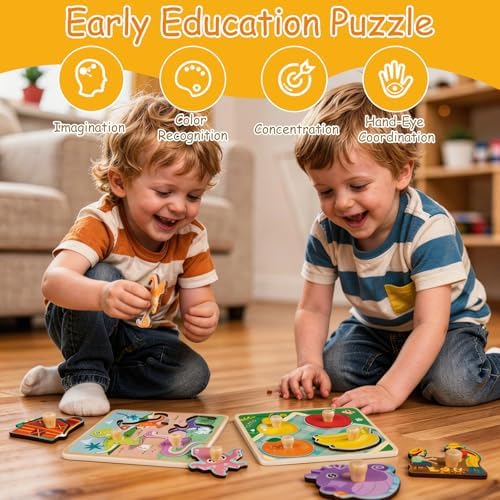 Wooden Toddler Puzzles - 4 Pcs Eco-Friendly Animal Patterns Jigsaw With Handles - Infant Kid Fine Motor Skill Learning Educational Montessori Toys for 1-3 Years Old - Image 3