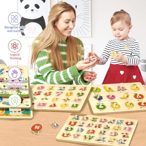 Wooden Peg Puzzles for Toddlers 2-4, 6 Pack Educational Peg Puzzles Montessori Toys, Learning Puzzles for Kids Girs Boys 1-3 3-5 with Alphabet Number Animal Vehicle Shape - Image 6