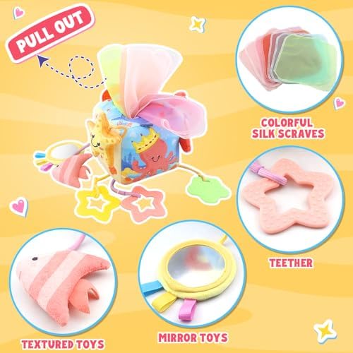 Caterbee Baby Tissue Box Toy with Hanging Hook, Sensory Pull Out Fabric Tissues, Rattle & Teether, Montessori Hanging Toy for Stroller, Car Seat & Crib, Infant Development Toy (Ocean) - Image 3