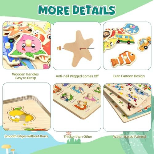 Wooden Peg Puzzles for Toddlers 2-4, 6 Pack Educational Peg Puzzles Montessori Toys, Learning Puzzles for Kids Girs Boys 1-3 3-5 with Alphabet Number Animal Vehicle Shape - Image 3