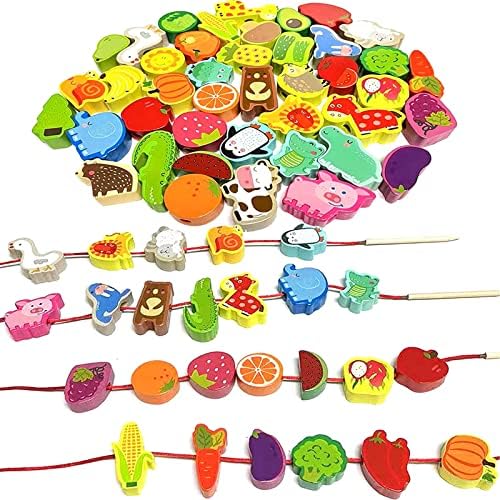 46 PCS Montessori Wooden Lacing Beads Toys for Toddlers,Educational Stringing Animals Fruits Farm Threading Beads Preschool Learning Toys for Kids 3 4 5 6 Year Old Boys Girls… by Intsinzi