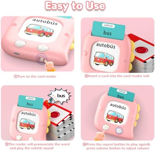 Kidzdo Talking Flash Cards for 3 4 5 6 Year Old Girls, 520 Words Spanish English Bilingual Language Therapy Toys, Pink - Image 2