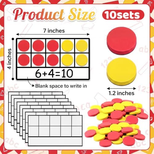Ireer 10 Sets Bulk Magnetic Ten Frames for Classroom 100 Magnetic Math Counters and 10 Boards Kindergarten Classroom Must Haves Math Manipulatives for Home Prek Preschool Elementary(Red Yellow) - Image 2