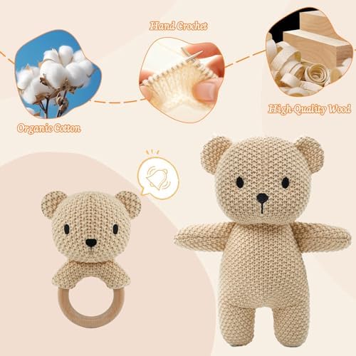 10" Crochet Bear Stuffed Animal with Rattle, Pure Cotton Soft Crochet Doll Plush Toy for Newborn, Handmade First Birthday Gift - Image 3