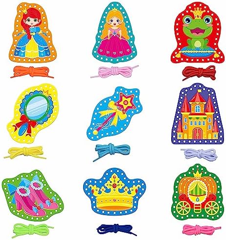 9 Pieces Kids Lacing Cards, Double Sided Sewing Cards in 9 Princess Theme Cards with 9 Colorful Laces, Imagination Development Lacing Toys Games for Children Educational and Learning Activity by SpriteGru