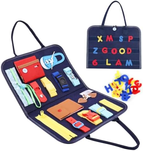 Esjay Busy Board, Sensory Board for Fine Motor Skill, Montessori Toys Educational Learning Activities for 3+ Year Old, Travel Car Airplane Toys Gifts for Boys Girls,Blue Alphabet by Esjay
