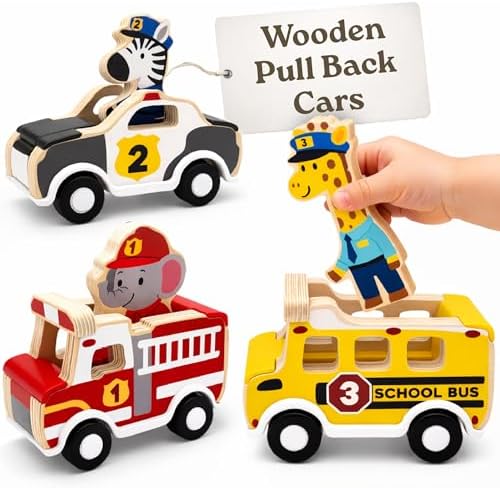Little Acorn, Wooden Pull Back Cars with Mix & Match Characters | Montessori Toys for 1 & 2 Year Old | Car Toys for Toddlers 1-3 | Baby Toys 6-12 Months | Birthday Gifts for Boys Girls by littleacorn