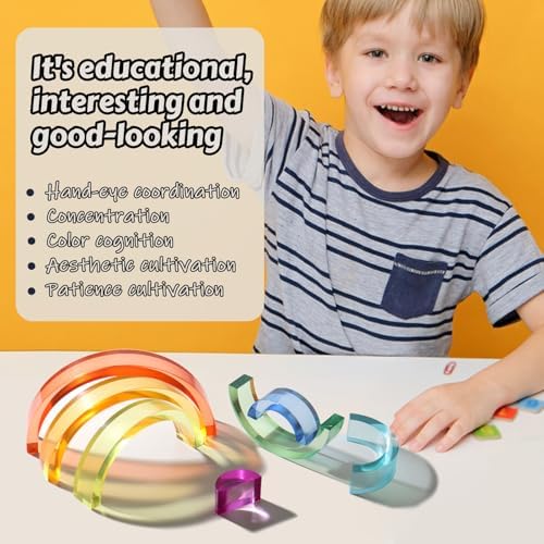 Dinhon Acrylic Rainbow Blocks Set - 7 Colors Graduated Arch Blocks, Gem Rainbow Stacker Toy for 1 2 3 4 5 Years Old Boys Girls Gift, Creative Building & Sensory Decorative Birthday Toy - Image 5