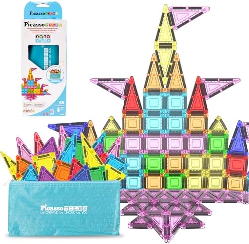 PicassoTiles 65 Piece Magnetic Tiles, STEM Travel Building Set for Kids 3+ by PicassoTiles