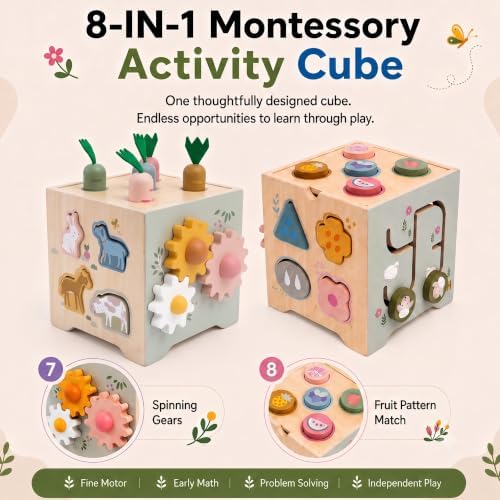 JSONS Montessori Toys for 1 Year Old, 8-in-1 Wooden Activity Cube, Learning Toy with Shape Sorter - Image 3
