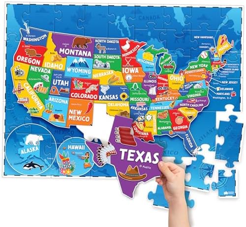 United States Puzzles for Kids Ages 4-6, 6-8 - Educational Toys for Boys & Girls - 70Pcs USA Map Kids Puzzles with 50 States & Capitals - Floor Jigsaw Kids Puzzle - Learning Activities Gifts by MomoNashi
