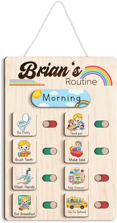 Wooden Chore Chart for Kids Visual Schedule, Routine Chart for Kids, Morning Bedtime Routine Chart for Toddlers Ages 2-4, Daily Kids Schedule Board for Home (08) by TinyKidz
