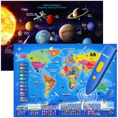Qiaojoy Bilingual Interactive World Map for Kids Learning and Educational Toys, Talking Electronic Kids World Map i-Poster Geography Games Ages 3 to 12 Years Old, Custom Talking Birthday Gifts Card by Qiaojoy