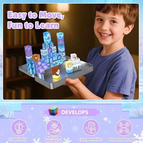 Magnetic Blocks, 45pcs Travel Toys Building Set with Magnetic Tin Box, Transparent & Light Up Magnet Cubes for Blue Snow Castle Build, Princess Toy Birthday Gift for Kid Girl 3+ - Image 5