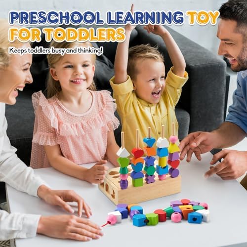 3 in 1 Montessori Wooden Toys, Lacing Beads & Stacking Blocks & Shape Sorter Sequencing Toy Set, STEM Preschool Educational Learning Fine Motor Skills Toys for Toddlers 3 4 5 Years Gifts - Image 5