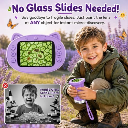 Kids Microscope, 1000X Handheld Digital Pocket Microscope with 2.4" IPS Screen & 8 LEDs, Rechargeable STEM Educational Science Toy for Outdoor Exploration, Gift for Boys Girls Age 4-12, Violet - Image 2