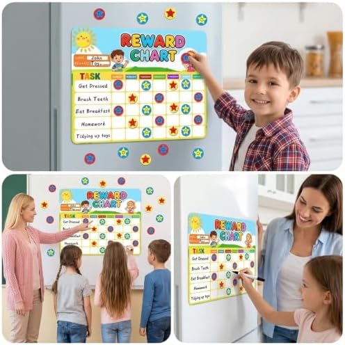 Magnetic Reward Chart, Dry Erase Weekly Behavior Chore Chart with 54 Magnets Star Stickers 2 Markers, Reusable Fridge Responsibility Incentive Daily Routine Task Tracker for Potty Training Home School - Image 7