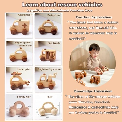 8 Pack Wooden Toy Cars for Toddlers 1-3, Montessori Push Pull Baby Toys, FSC Natural Wood Vehicles Set, Gift for 1 2 3 Year Old Boys Girls - Image 7