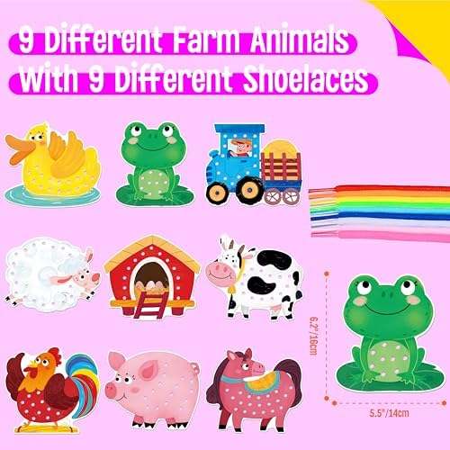 SpriteGru 9 PCS Farm Theme Lacing Cards, 9 Double Sided Sewing Cards with 9 Colorful Laces, Imagination Development Lacing Toys Educational and Learning Activity for Preschoolers, Kids - Image 2