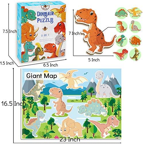 BEESTECH Beginner Dinosaur Puzzles for 3, 4 Year Old Toddlers, 8 Pack Jigsaw Educational Learning Puzzles for Toddlers, 8 Different Dinosaurs with Dinosaur World Map - Image 7