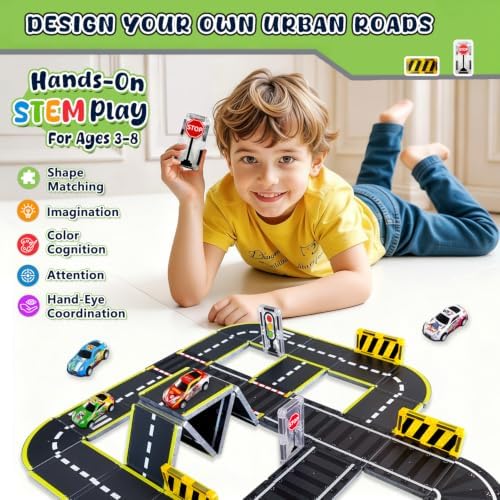Magnetic Tiles Road Set, 26Pcs Large Double Sided Magnetic Blocks with Pullback Cars & Traffic Signs, STEM Toys for Kids Ages 4-8, Creative Gifts for 3+ Years Old Boys Girls - Image 2