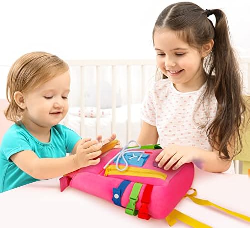 Busy Board - Toddler Backpack with Buckles and Learning Activity Toys - Develop Fine Motor Skills and Basic Life Skills - Learn to Tie Shoes - Children's Travel Toy (Pink) - Image 2