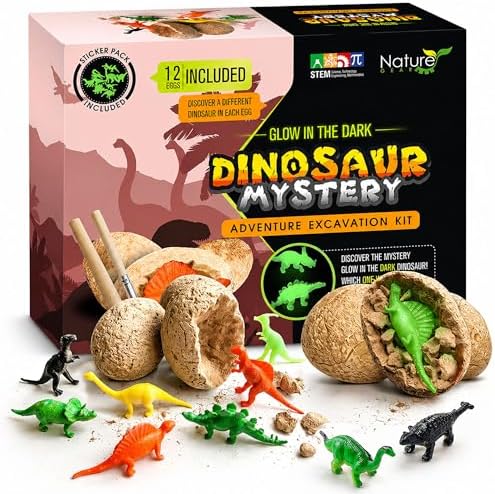 Nature Gear Dino Dig Kit for Kids, Dinosaur Eggs Digging Kit, Educational Egg Excavation Kit with 12 Glow in The Dark Mystery Dinosaurs, Interactive Archaeology Fossil Toy for Kids Age 3-5 and Up by NatureGear