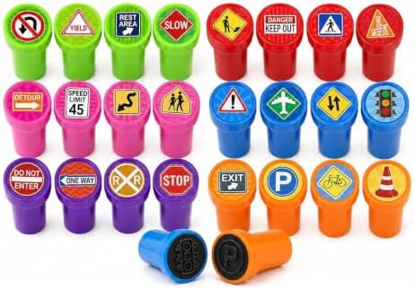 Cinrobiye 24 Pcs Traffic Sign Stampers Party Favor Set, Cute Road Safety Stamps for Kids Birthday Party, Classroom Rewards, Learning Activities, Goody Bag Fillers, Educational Party Supplies by Cinrobiye