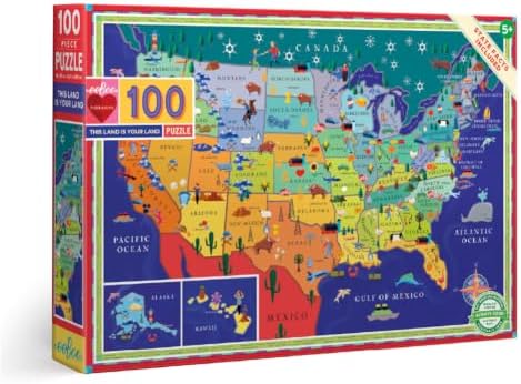 eeBoo This Land is Your Land 100 Piece Children's Puzzle, 27" x 18" USA Map by eeBoo