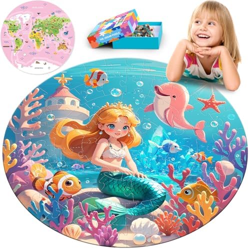Floor Puzzles for Kids Ages 3-5, 70 Piece Jumbo Mermaid & World Map Puzzles by ELXPUZZLETOY