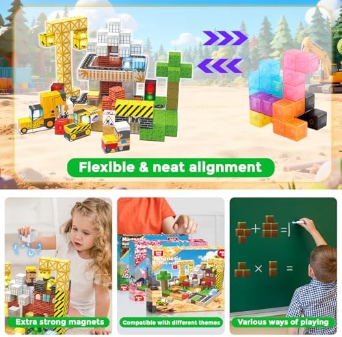 ToyUnited 200PCS Light Up Magnetic Blocks - Magnet Building Blocks, Stacking Magent Cubes Construction Theme, STEM Montessori Sensory Educational Birthday Gifts Toys for Kids Boys Girls Ages 3-12 - Image 6