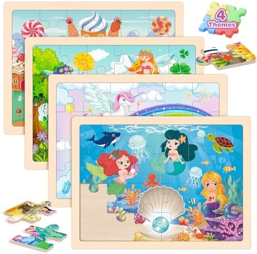 Puzzles for Kids Ages 4-6, 4 Packs Wooden Jigsaw Puzzles for Toddlers 2-4, Princess Unicorn Mermaid Fairy Preschool Educational Puzzles Boards Toys Gifts for Girls Boys 3 4 5 6 by Duchong