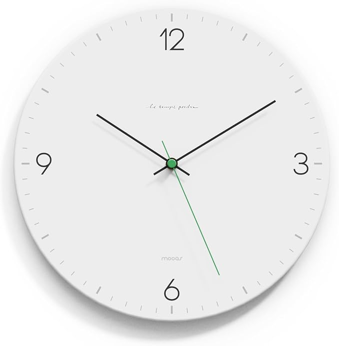 mooas Flatwood Wall Clock,12" Non-Ticking Sweep Movement (Simple White) by mooas