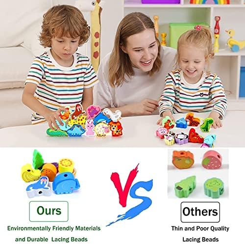 46 PCS Montessori Wooden Lacing Beads Toys for Toddlers,Educational Stringing Animals Fruits Farm Threading Beads Preschool Learning Toys for Kids 3 4 5 6 Year Old Boys Girls… - Image 4