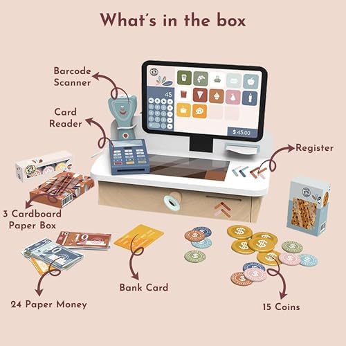 Speedy Monkey Wooden Cash Register | Pretend Shopping Set, 12 Pcs Playset - Image 3