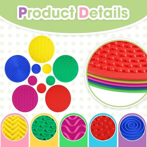 Lenwen 10 Pcs Sensory Mat Discs Sensory Stepping Circles Pads Textured Tactile Toys Stimulation for Calming Play and Early Learning Kids Matching Game Disorder Children ADHD(Classic Color) - Image 3