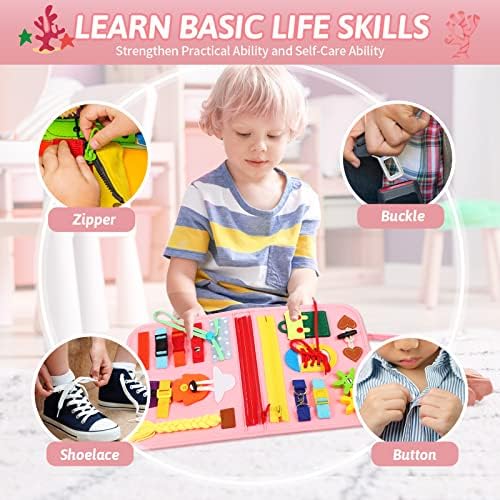 Quiet Flower 8 in 1 Busy Board Montessori Toys - Pink Sensory Busy Book & Activity Book for Basic Motor Skills, Educational Airplane Toys & Travel Essentials for Kids, Birthday Gift for Girl - Image 2