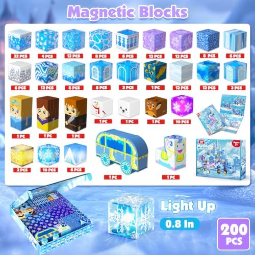 200 PCS Light Up Magnetic Blocks, Transparent Magnetic Building Block for Blue Snow Princess Castle, Frozen Magnet Cubes STEM Toys for Girls Age 3 4 5 6 7 8 9 10 11 12 13 Birthdays Gift for Kids - Image 6