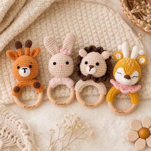 Personalized Crochet Baby Rattle, Custom Wooden Teething Ring with Engraved Name, Handmade Crochet Animal Toy for Newborns and Infants - Image 4