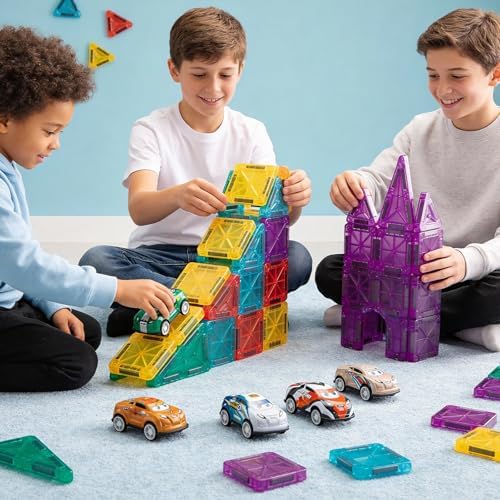 93 PCS Magnetic Tiles Mini Magnetic Building Tiles with Cars, Travel Magnetic Tiles with Storage Bag,STEM Toys for School Acitivities, Ideal Christmas Birthday Gifts for Boys Girls Age 3+ Years Old - Image 6