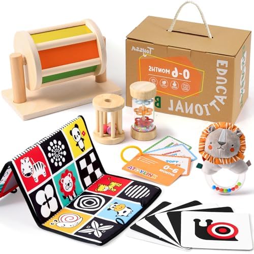 Toyssa Montessori Toys for Babies 0-6 Months, 6 in 1 Wooden Learning Educational Sensory Toys with Spinning Drum & Tummy Time Mirror & Baby Rattle & Flash Card, Birthday Gifts for Babies Boys Girls by Home