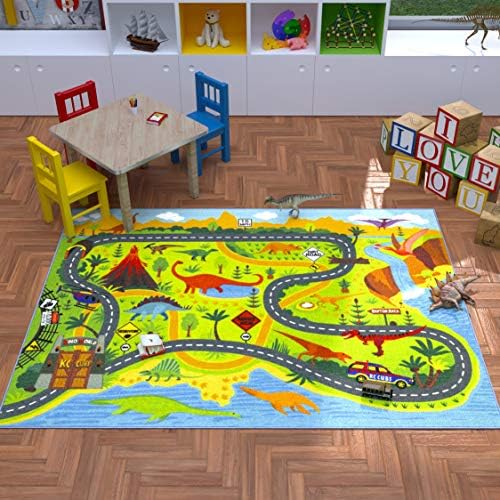KC Cubs 5x7 Dinosaur Toy Car Dino Road Rug – Educational Play Mat Carpet for Kids, Toddlers, Nursery, Classroom, Playroom, Baby Daycare, Boys & Girls - Image 5