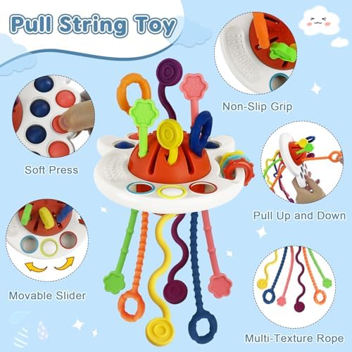 6 in 1 Montessori Baby Toys for 6-12 Months — Pull String Toy, Sensory Bin, Stacking Cups, Tissue Box, Suction Cup Spinner, Stacking Blocks, Infant Gift Set for 1-3 Year Old Boy Girls - Image 6