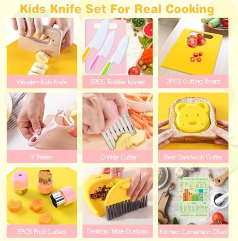 Suhctuptx Kids Knife Set for Real Cooking, Kids Kitchen Knives with Cutting Board Crinkle Cutters Cleaning Tools, Toddler Kitchen Toys Christmas Birthday Gifts for Girls Boy Age 2-10 - Image 3