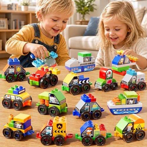 Toddlers Car Building Blocks Set, 16Pcs Different Vehicles, Build Your Own Toy Cars, STEM Learning Toy for Ages 3-5, Gifts Toys for 3 4 5 4 7 8 Year Old Boys Girls - Image 4