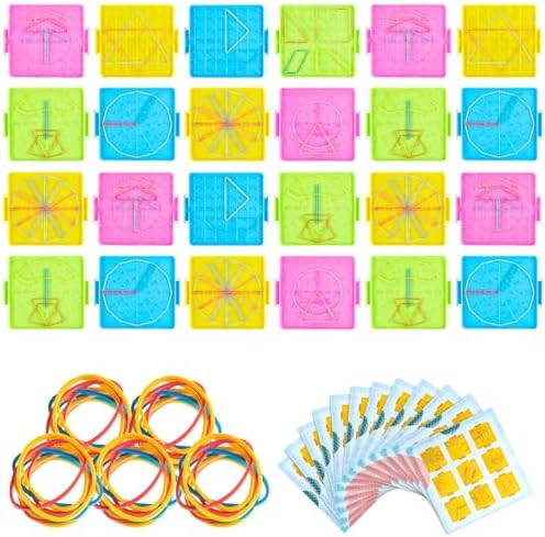 Deekin 24 Pcs Double Sided Geoboard Mathematical Kids Geoboards with Rubber Bands Math Manipulatives Toy for Geometry, 6.9 x 6.3 Inches Classroom Back to School by DEEKIN