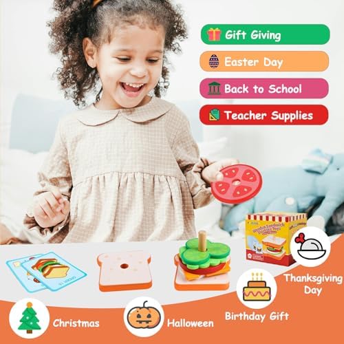 Pajojoqa Wooden Sandwich Stacking Toys, Montessori Toys for Toddlers Kitchen Play Food Educational Preschool Learning Toys Christmas Birthday Gift Kids Toys for Boys Girls 3 4 5 Years Old (Sandwich) - Image 4