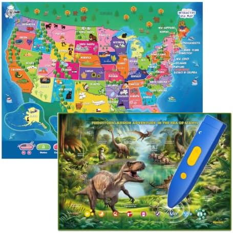 Bilingual Interactive for Kids Talking USA Map Dinosaur Poster for Kids Learning and Educational Toys,Talking Educational Dinosaur Toy for Ages 3 to 12 Years Old,Learning Chart for Preschool/Gift by Qiaojoy